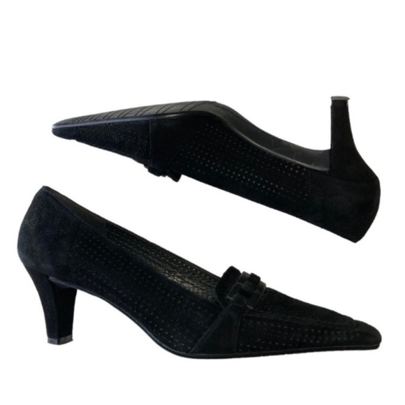 Stuart Weitzman Perforated Black Leather Square Toe Pumps Heels Size 8.5 - Picture 2 of 9